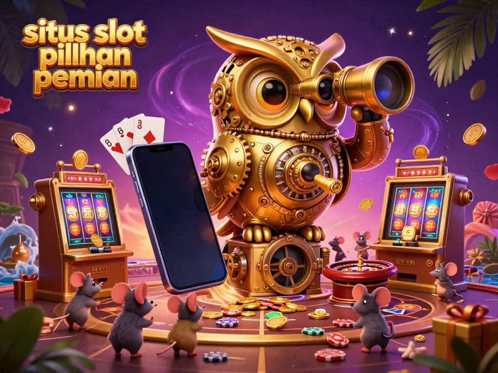 Gambarkan situs slot pilihan pemain dengan burung hantu emas dan tikus dalam kasino.