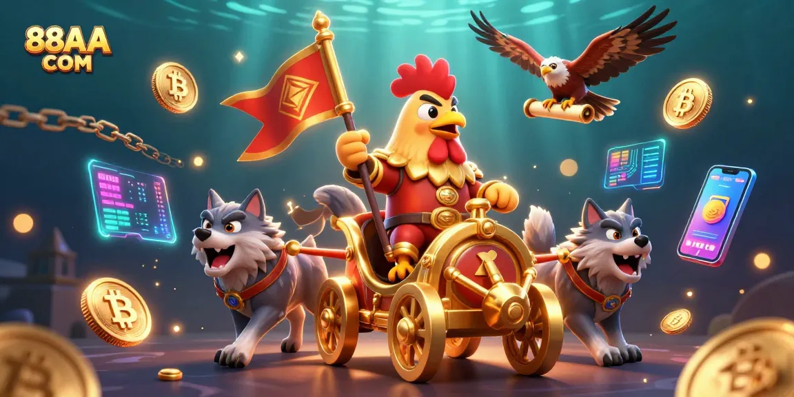 Play exciting games at 88AA COM with a vibrant casino-themed illustration featuring crypto elements.