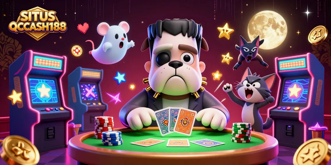 Engage in thrilling gaming action with SITUS QQCASH188 as monsters deal cards in an arcade-style casino.