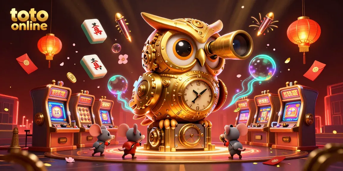 Permainan toto online yang penuh warna dengan karakter kasino, simbol keberuntungan, dan suasana meriah.