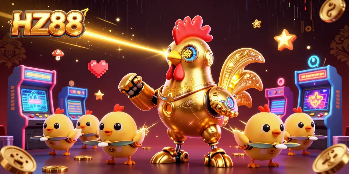 Join the excitement at HZ88, featuring a dynamic 3D golden rooster robot and gaming elements.