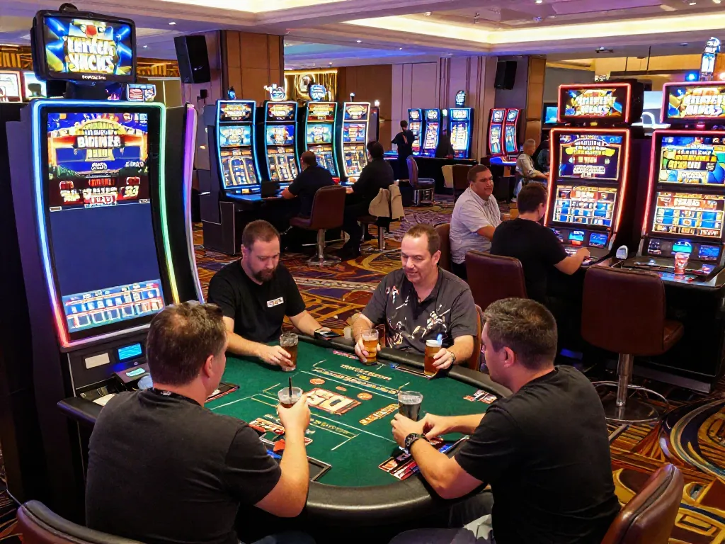 Experience online credit card casinos with vibrant players enjoying slots and live games at a modern casino.