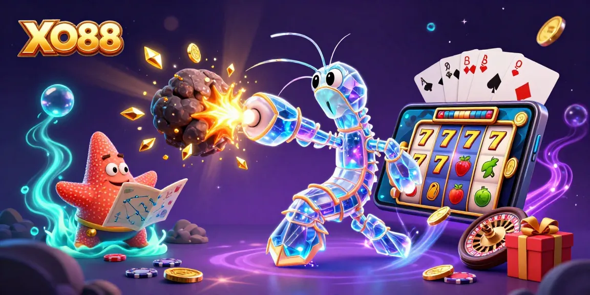 XO88 slots experience with cartoon shrimp and starfish surrounded by vibrant casino themes.