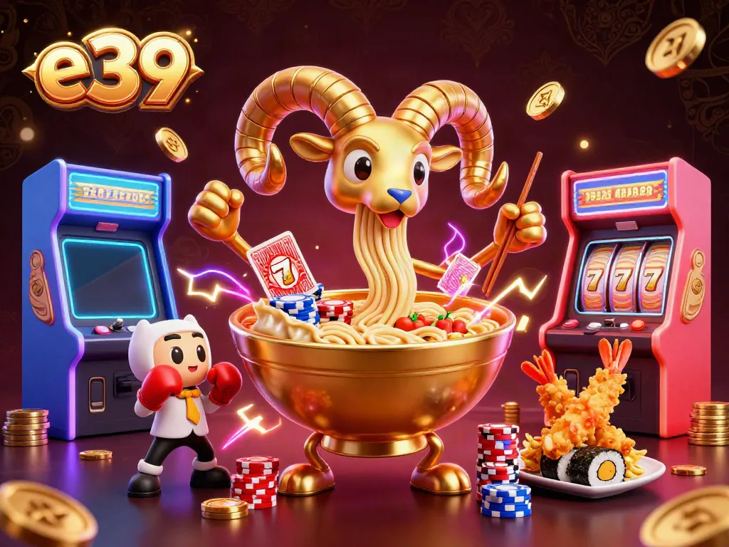 Experience the thrill of e39 gaming with a vibrant scene of a giant ramen bowl dealer and dynamic casino elements.