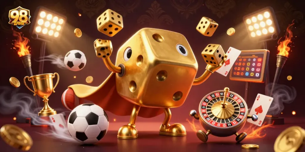 Join the thrilling action of 98WIN's dynamic casino scene featuring golden dice and sports elements.