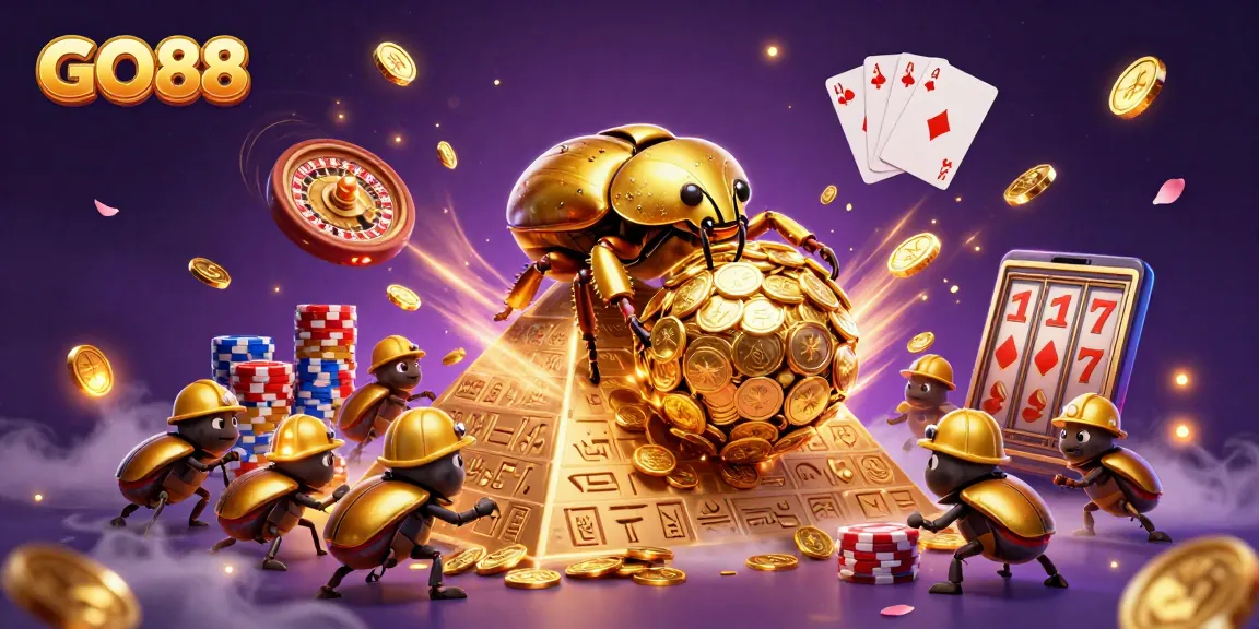 GO88 players enjoying massive wins with a golden beetle scene full of treasures and casino elements.