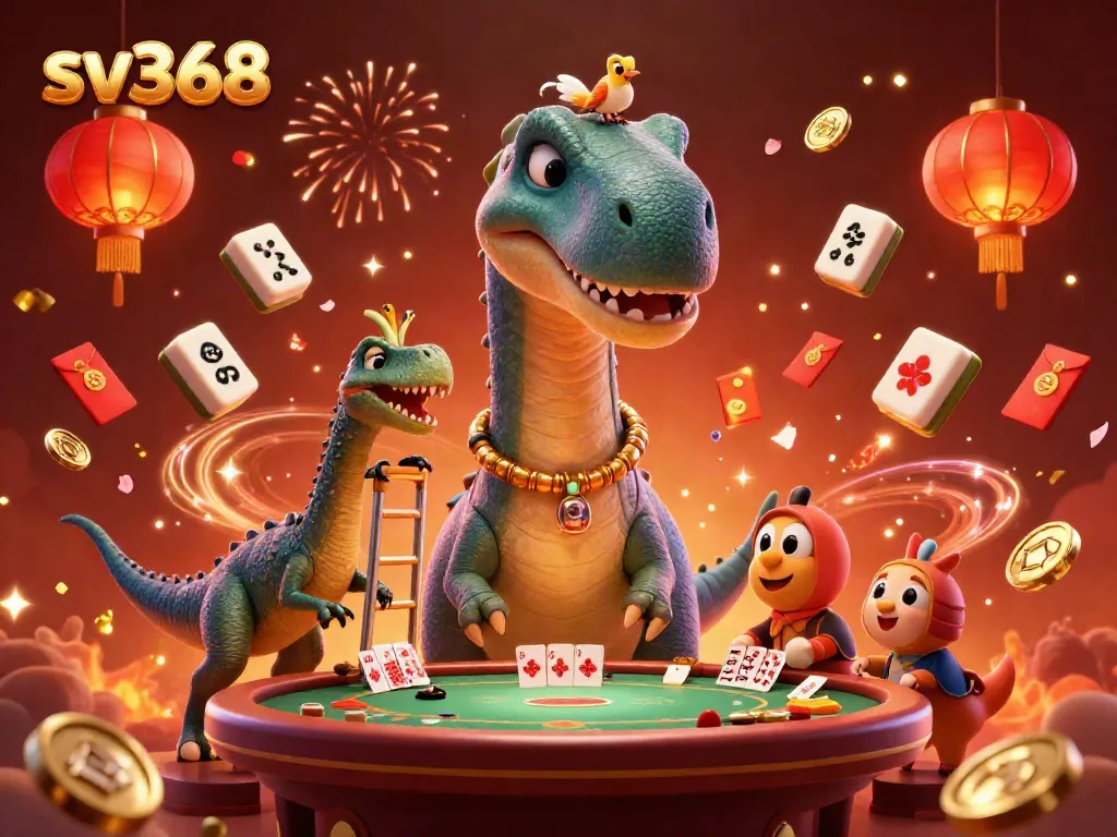 Experience the excitement of sv368 with this vibrant 3D casino scene showcasing a playful dinosaur dealing cards.