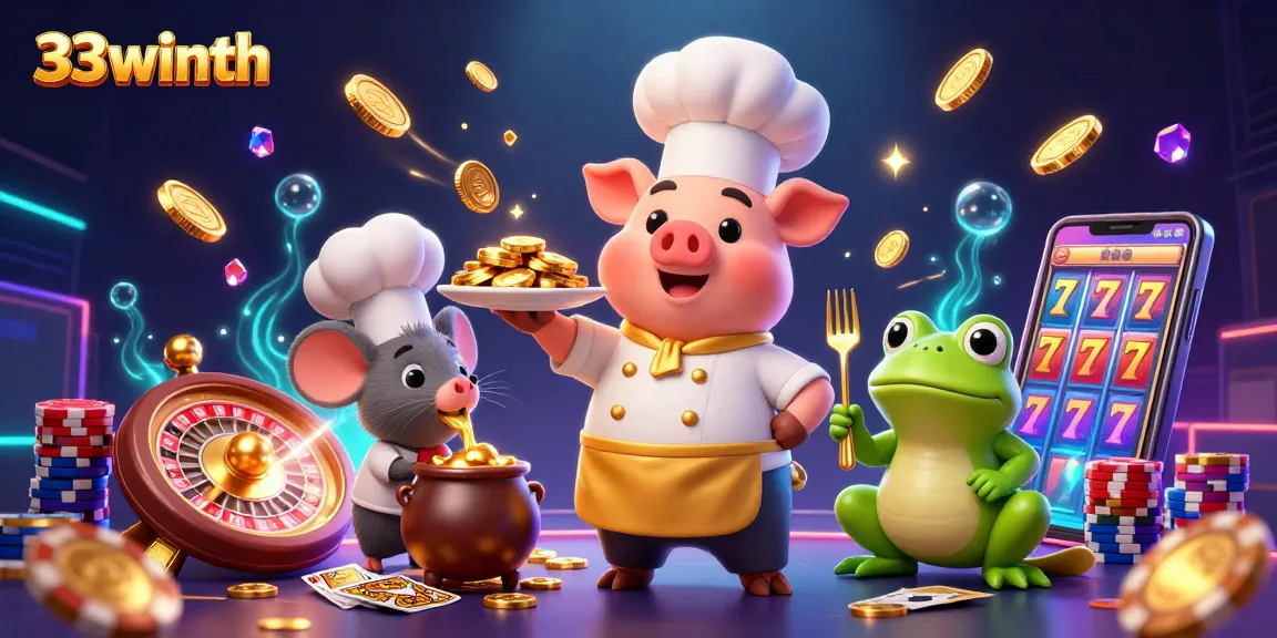 Experience gaming excitement with 33winth, featuring dynamic casino elements and cartoon characters.