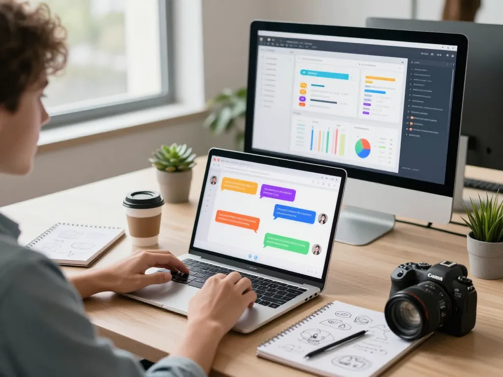 User interacting with spicychat AI chatbot on a touchscreen laptop in a bright modern office setting.