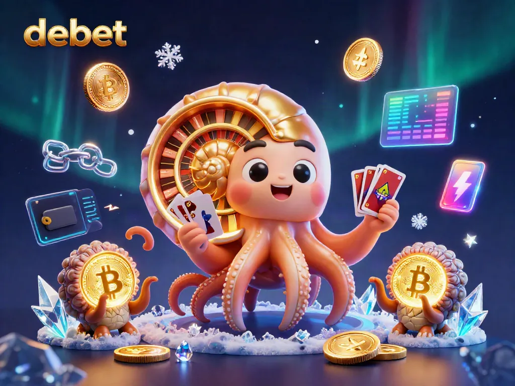 Engage with thrilling debet gaming as cartoon nautilus spins a roulette wheel amidst 3D crypto coins.