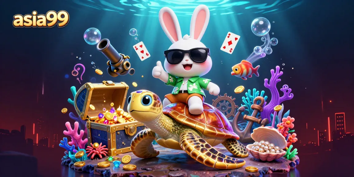 Experience the vibrant casino world of asia99 with a lucky rabbit and golden turtle amidst treasures.