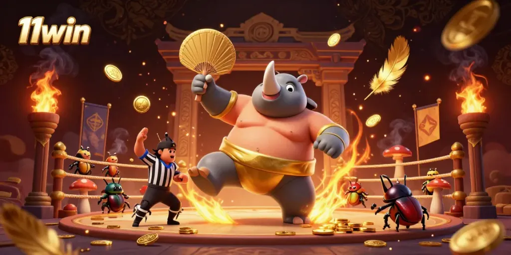 Engage in thrilling entertainment at 11win with colorful casino elements, featuring a beetle sumo champion.