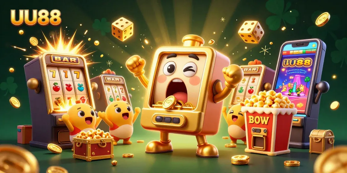 UU88 slot machine hits a jackpot, showing coins pouring out while baby machines cheer.