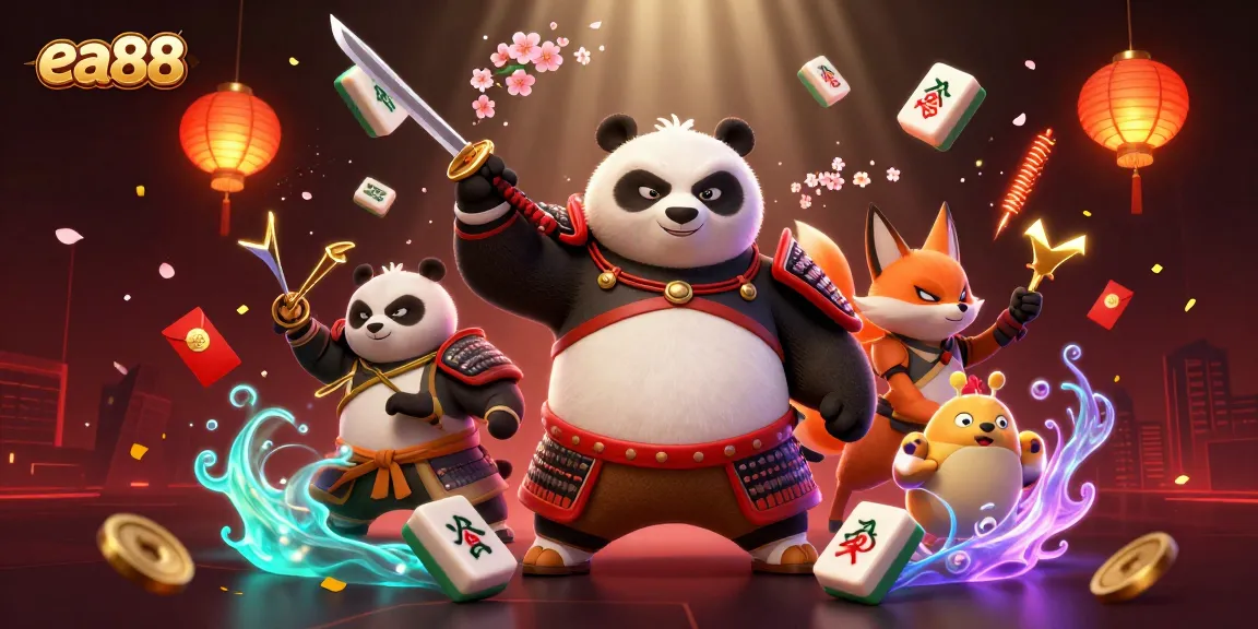 Experience exciting casino gameplay with the vibrant scene featuring ea88's samurai panda and ninja fox.
