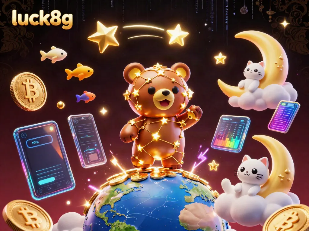 Experience the thrill of online gaming with luck8g, featuring a cosmic bear, crypto coins, and magical elements.