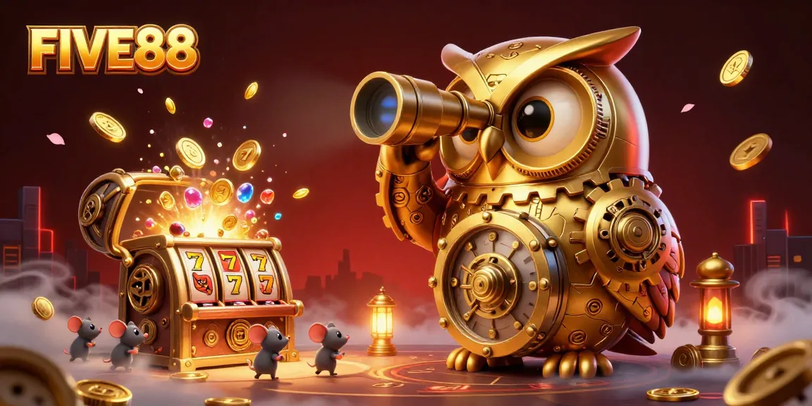 Engage in thrilling casino action at FIVE88 with vibrant 3D owl and charming mice amid dynamic gaming elements.