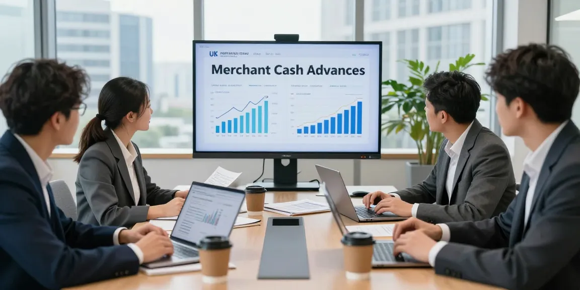 Business professionals discussing the benefits of uk merchant cash advance in a modern office setting