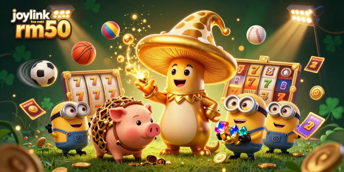 Engage with joylink free credit rm50, showcasing a golden mushroom wizard amidst vibrant casino elements.