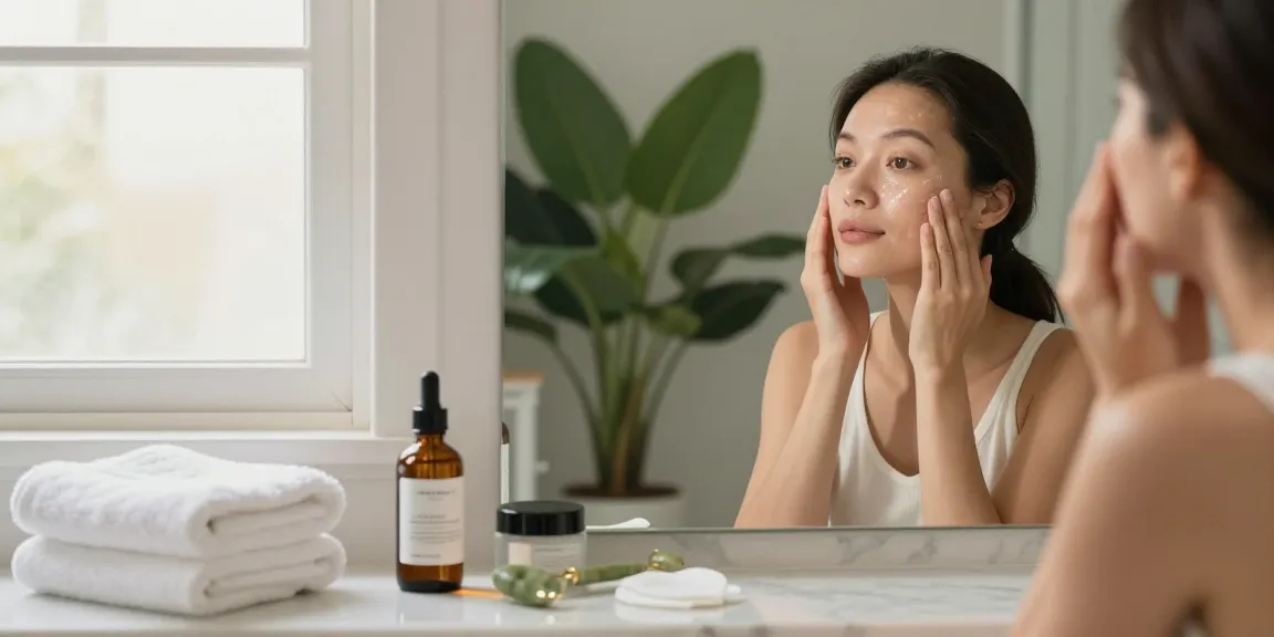 Woman applying skin repair peptide serum in a serene bathroom, showcasing skincare routine.