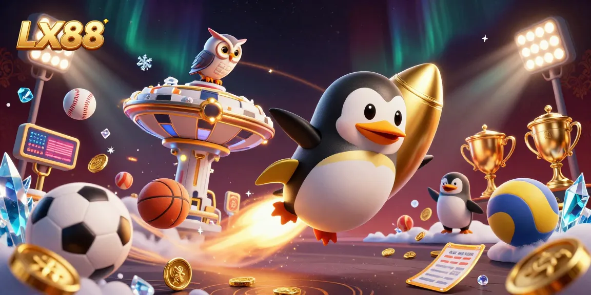 LX88 casino-themed illustration featuring a golden penguin and sports elements in space.