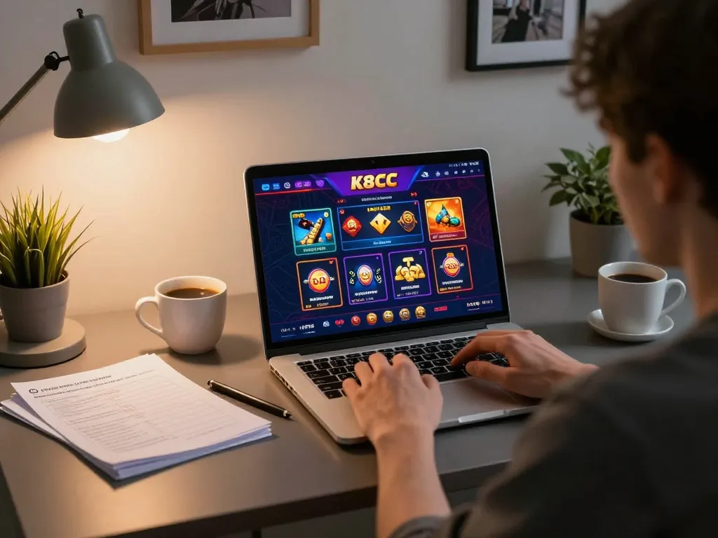 K8CC online gaming experience with a player engaged in casino gameplay at a sleek desk
