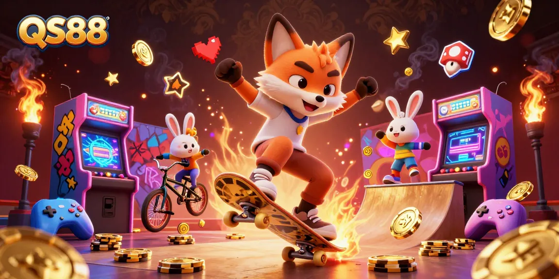 Experience the thrill of QS88 with a lively 3D illustration of a fox and rabbit in a dynamic casino environment.
