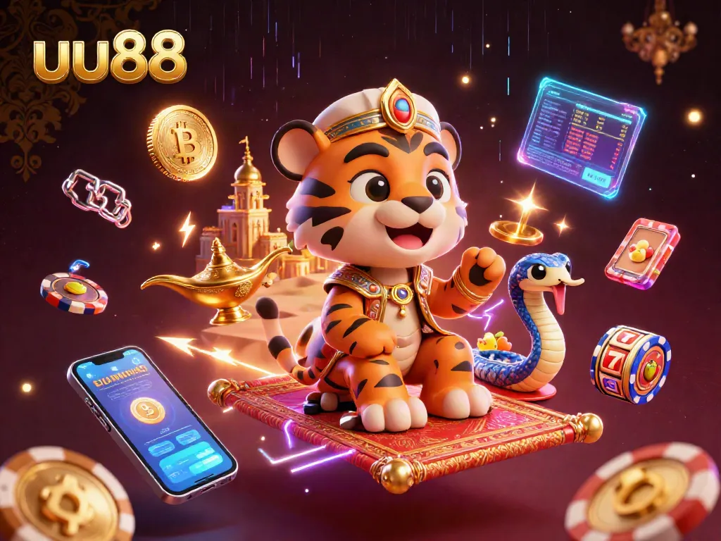 Engage with uu88’s vibrant casino world featuring a tiger sultan and a magic lamp in a packed, dynamic illustration.