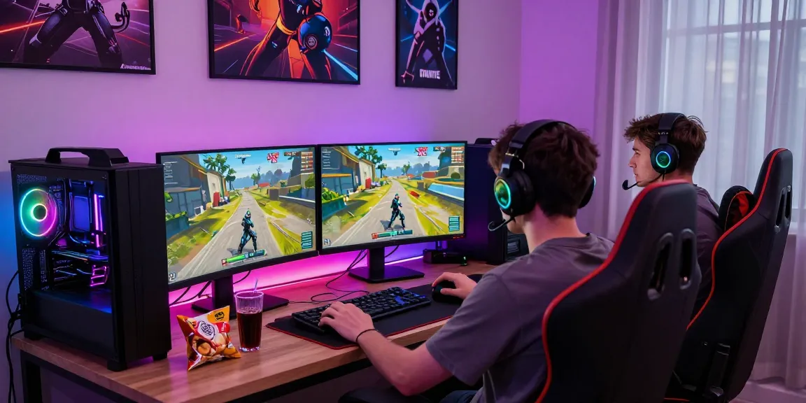 Fortnite gaming scene highlighting PROOFCORE.IO setup with RGB lighting and dual monitors.