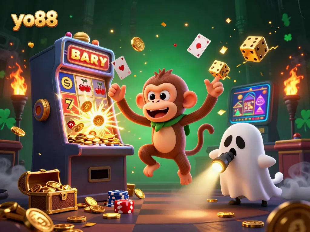 Experience the excitement of yo88 with a haunted casino scene featuring a mischievous monkey and a curious puppy.