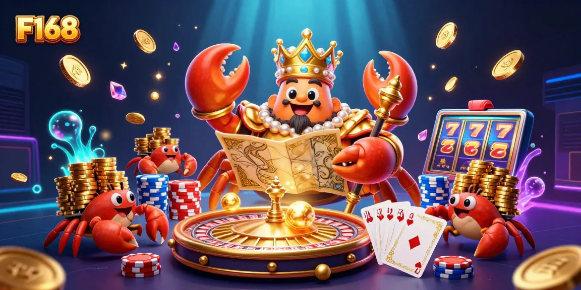 Experience F168's engaging gaming world with a vibrant illustration of the golden crab emperor amidst casino excitement.