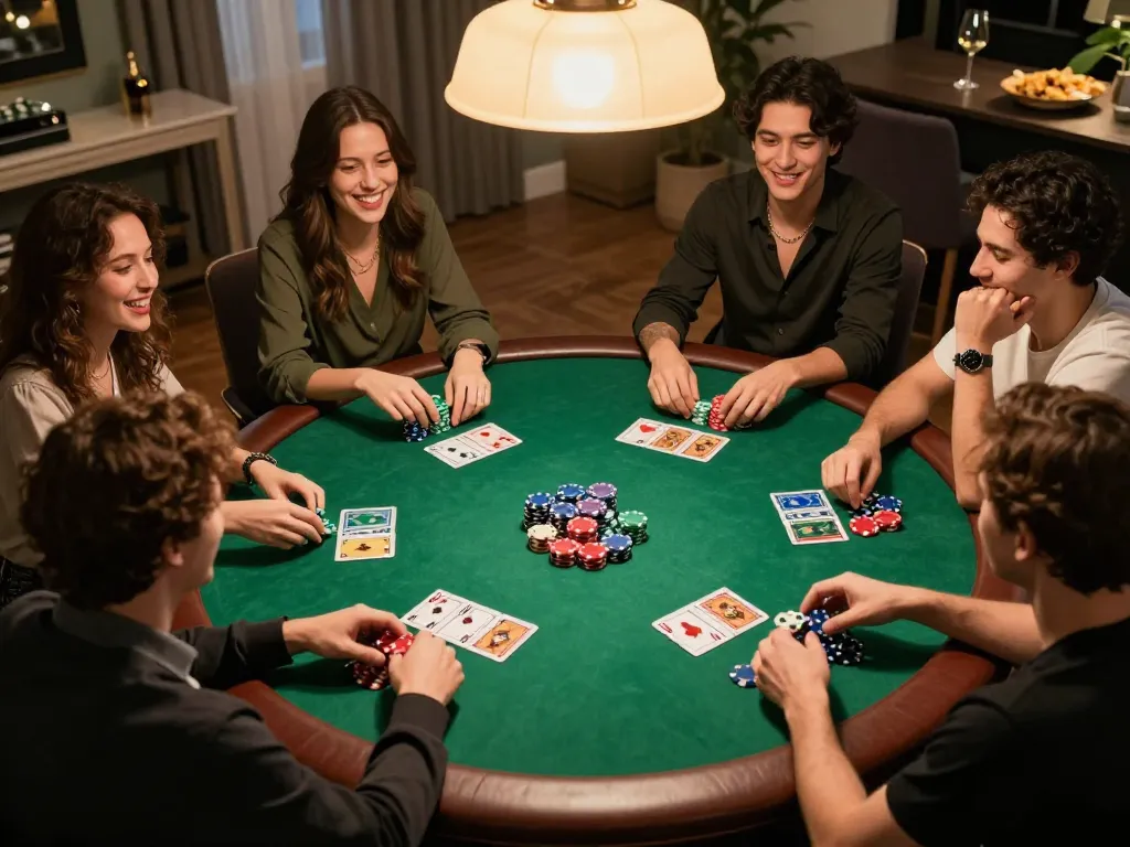 Friends enjoying an exciting poker game at home, highlighting the social aspect of 789 win gambling.