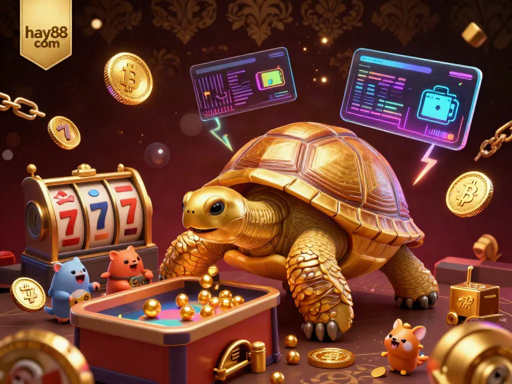 Experience the excitement at hay88 com with a golden tortoise pinball machine, crypto coins, and dynamic slot elements in vibrant 3D.