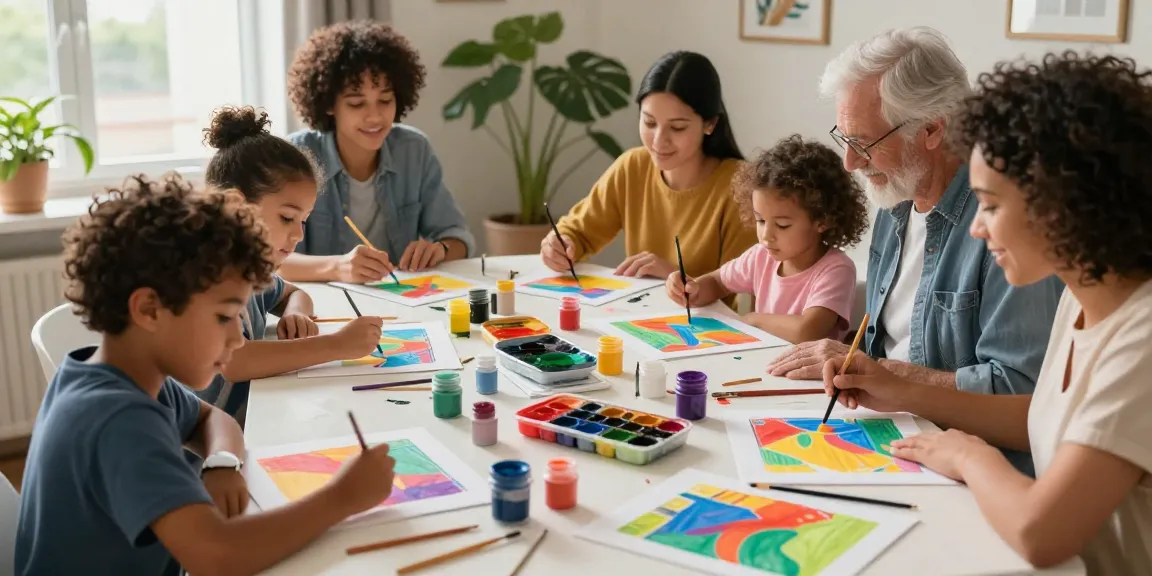 Family members enjoying a custom paint by number activity together, creating vibrant artworks in a cozy home studio.
