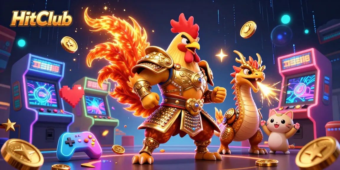 HitClub engages players with a thrilling 3D illustration of a rooster warrior and dragon in a casino setting.