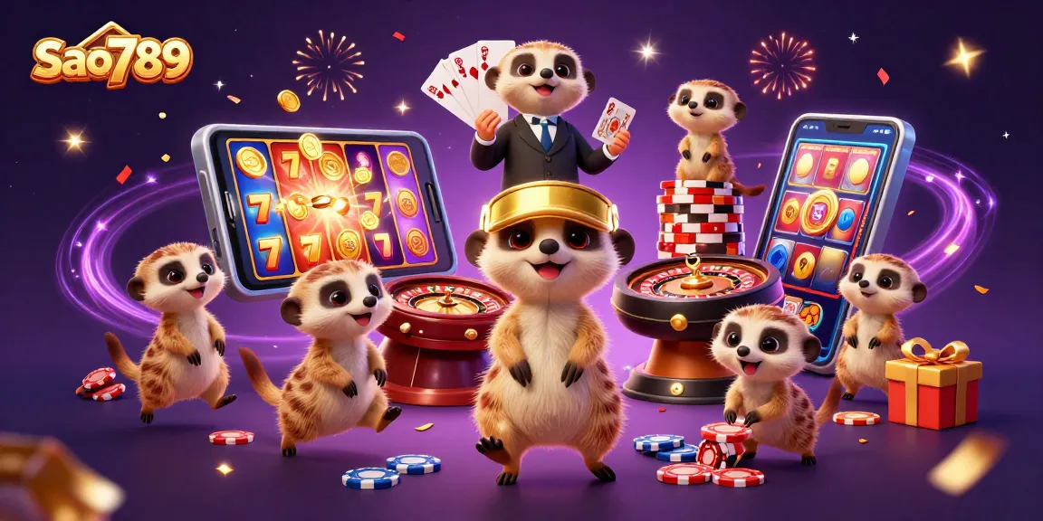 Sao789 meerkats hosting a casino surrounded by colorful slot game and confetti celebration