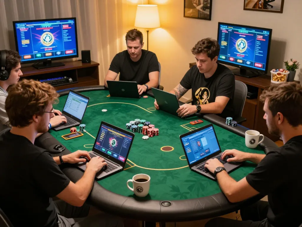 Players enjoy online poker on nk88 com, showcasing an engaging home gaming experience.