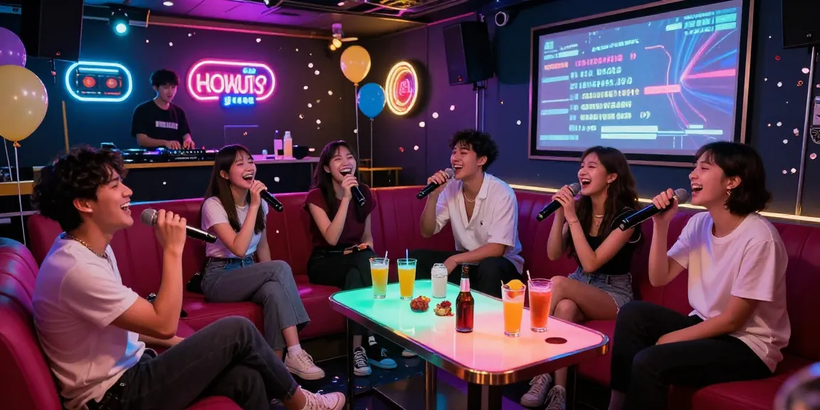 Energetic group singing at a 강남가라오케 venue with vibrant lights and party atmosphere.