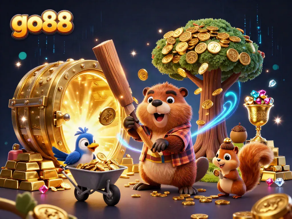Go88 themed illustration of a cartoon beaver winning gold coins with surrounded by treasure elements
