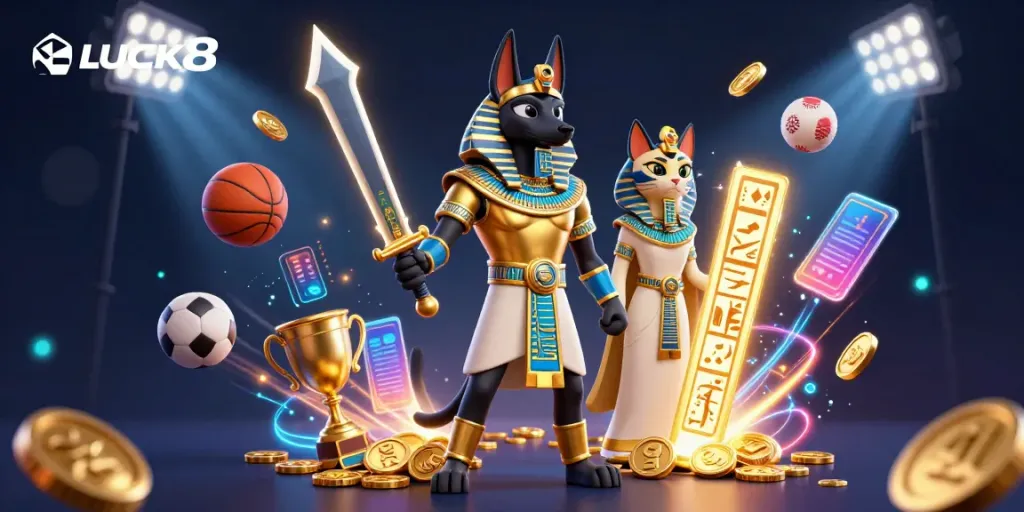 Win big with LUCK8's vibrant casino scene featuring Anubis and Bastet amidst dynamic sports elements.