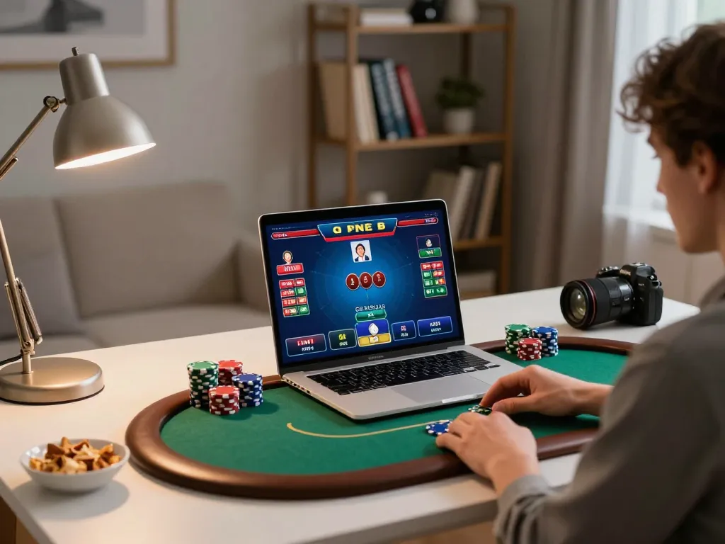 Kuwin online poker gaming scene at home with cozy setup and vibrant action on screen.