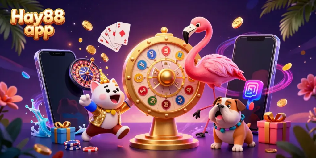Engage with the thrilling Hay88 app with a flamingo host, bulldog contestant, and vibrant casino games.