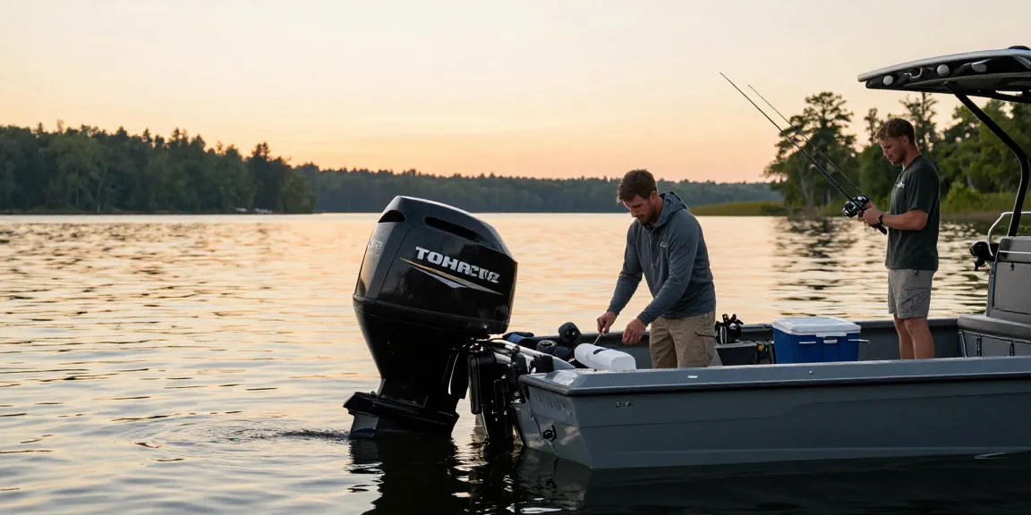 Tohatsu outboard for sale displayed on a fishing boat during sunset at a serene lake.