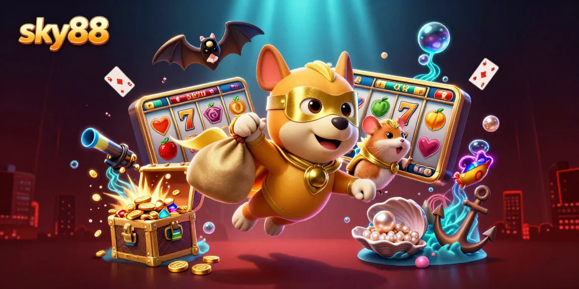 Experience the thrill of sky88 with a superhero dog and sidekick amidst vibrant casino action.