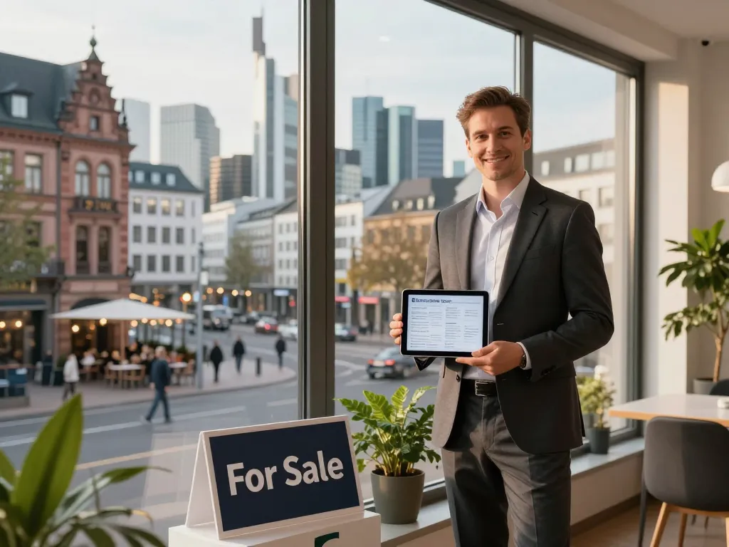 Ansprechender Immobilienmakler in Frankfurt Sachsenhausen, der Immobilien präsentiert und das Interesse potenzieller Verkäufer und Käufer weckt.