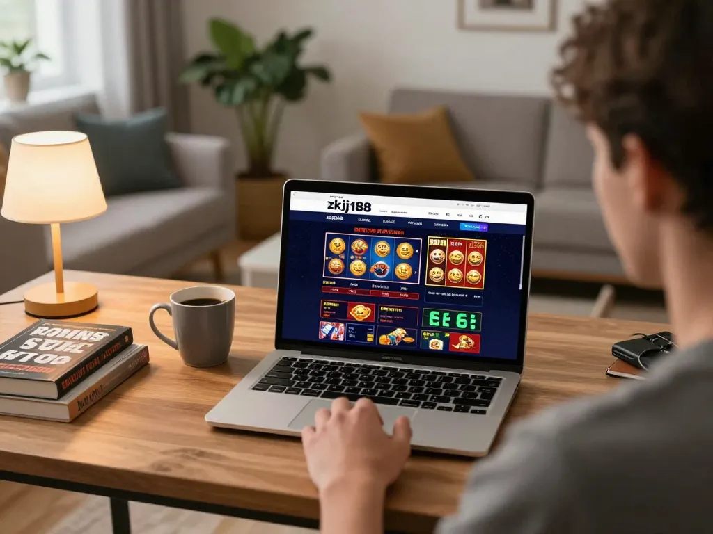 Player engaging with the zkjj188 casino website on a laptop in a cozy home setting.