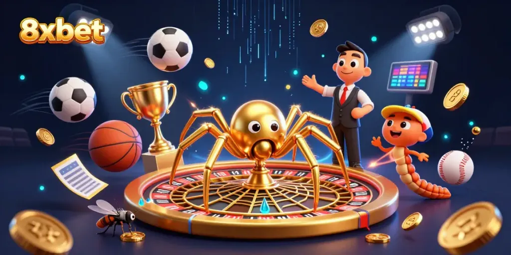 8xbet players placing bets with a golden spider spinning a roulette web in an exciting casino atmosphere.
