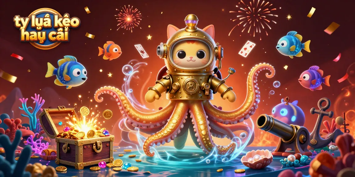 Engage with tỷ lệ kèo nhà cái in a vibrant underwater scene featuring a kraken and diving cat.