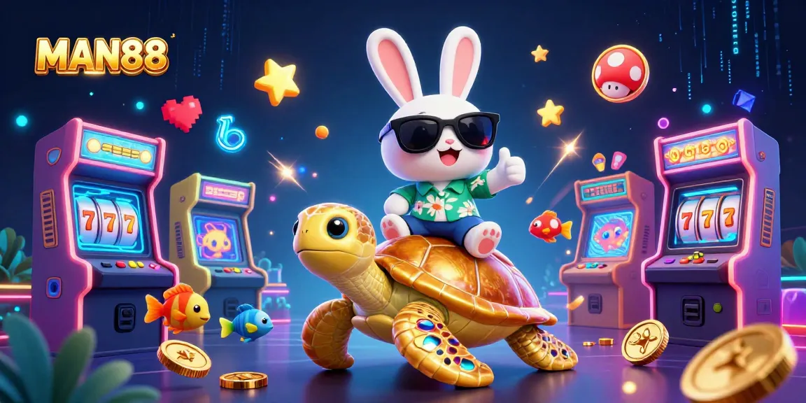 Join the fun at MAN88 with a vibrant 3D cartoon scene celebrating casino gaming and luck.