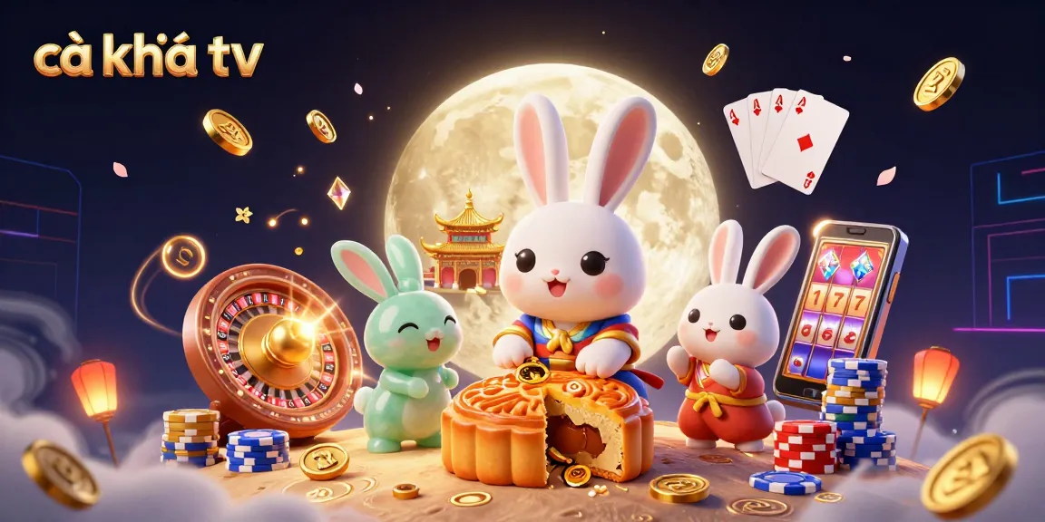 Cà khịa tv showcases a vibrant 3D scene with a moon rabbit creating golden poker chips, embodying the thrill of online gambling.