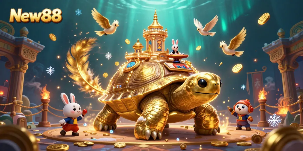 Experience New88's vibrant casino atmosphere with a golden tortoise and energetic gaming scene.